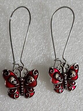 Hand Crafted Red Butterfly Skull Drop Earrings